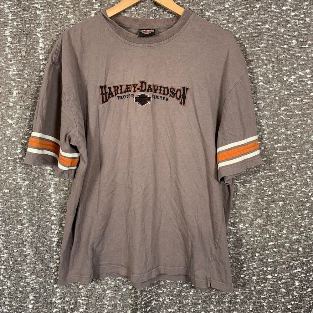Vintage Harley-Davidson Shirt XL Kutter Monroe WI 2007 H879 Brown Racing Stripe